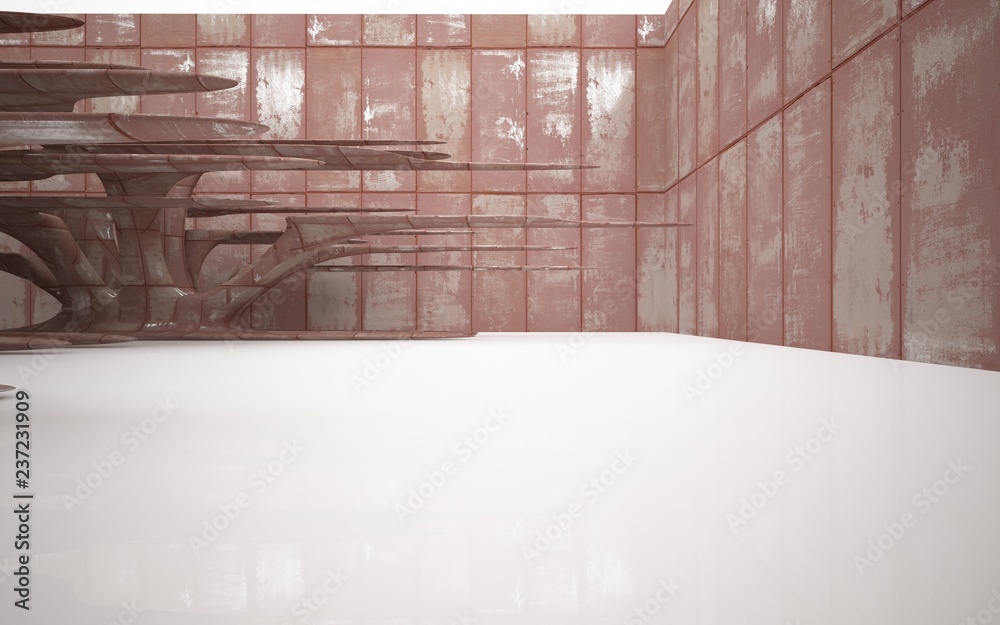 Empty smooth abstract room interior of sheets rusted metal with glossy white floor. Architectural background. 3D illustration and rendering
