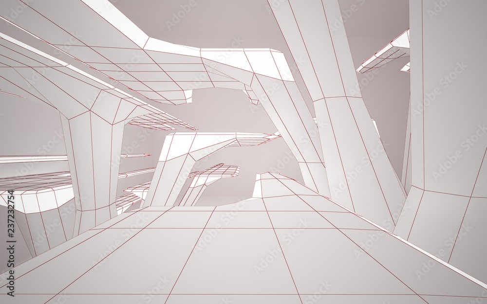 Fototapeta premium Abstract white interior highlights future. Polygon red drawing. Architectural background. 3D illustration and rendering
