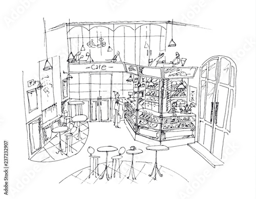 Food court hand drawn linear illustration