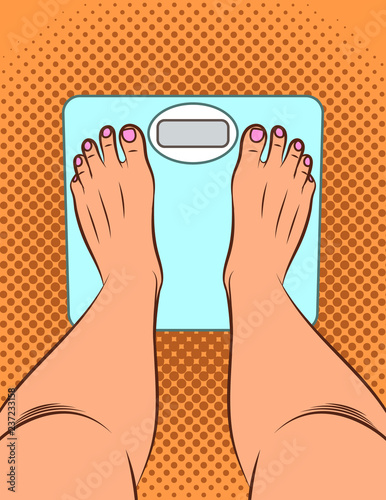 Color vector illustration in pop art style. The girl stands on the scales. A girl measures her weight. Female legs top view. Electronic scales on the floor