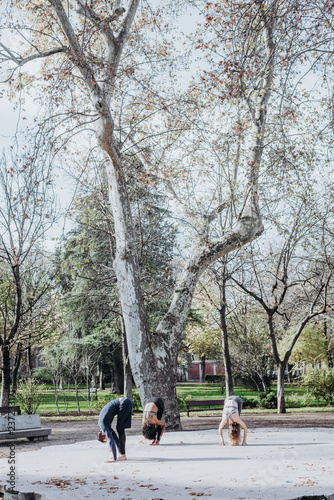 Group of people who practice yoga in the park © karrastock