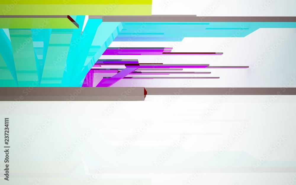 Fototapeta premium Abstract dynamic interior with colored objects. 3D illustration and rendering