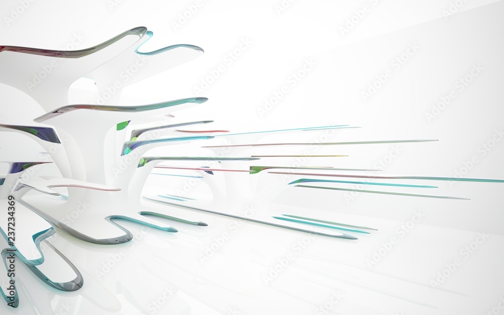 Abstract dynamic interior with white smooth objects and  colored glass lines. 3D illustration and rendering