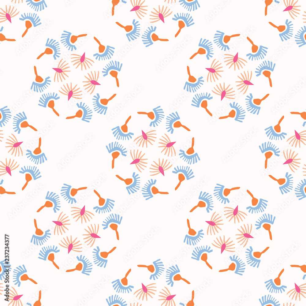 Flower Polk Dots All Over Print Vector. Seamless Circles Repeating Pattern. Paper Cut Collage Style Floral Background. Hand Drawn Fashion Print, Wallpaper, Girly Stationery, Feminine Garden Packaging.