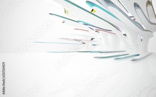 Abstract dynamic interior with white smooth objects and colored glass lines. 3D illustration and rendering