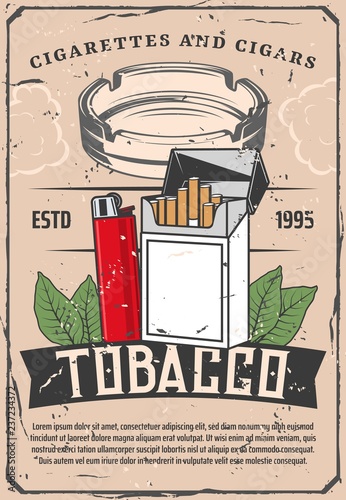 Tobacco and lighter or glass ashtray retro poster