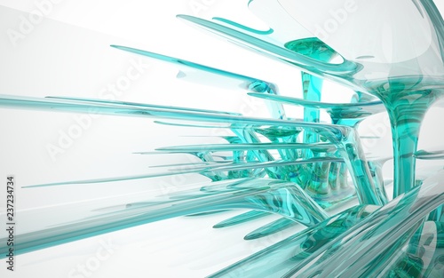 Abstract dynamic interior with colored glass smoth objects. 3D illustration and rendering