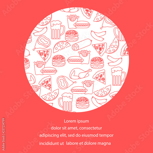 Beer, different types of food and fast food.