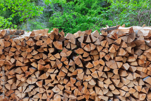 Photo stack of chopped firewood in forest