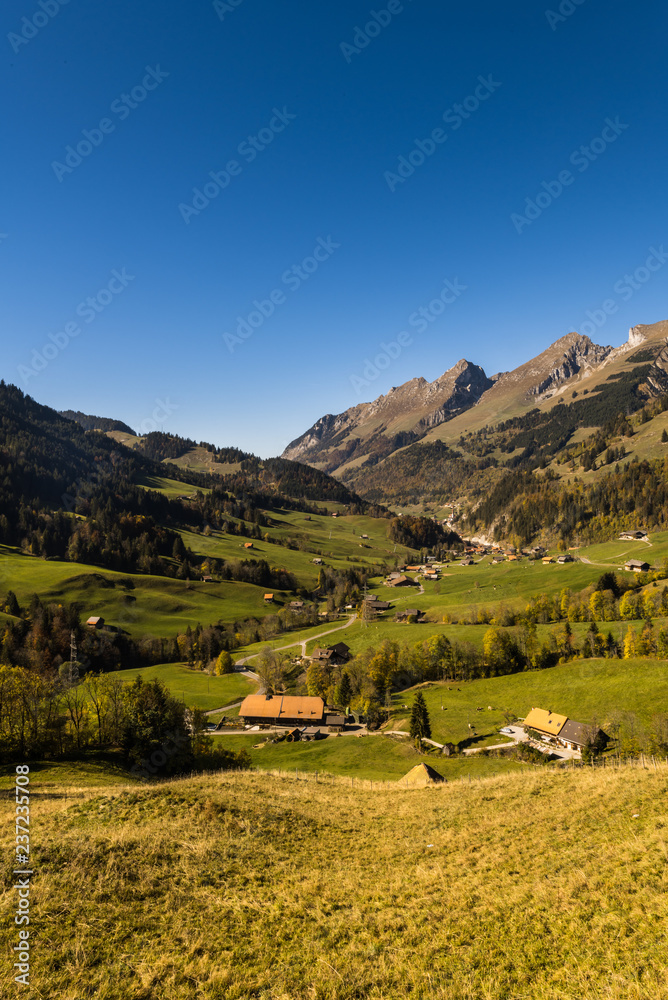 panoramic view Jaun pass in Simmental, Alps, Switzerland
