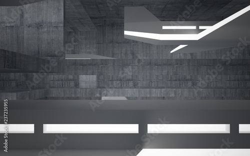 Empty dark abstract concrete room interior with white sculpture. Architectural background. Night view of the illuminated. 3D illustration and rendering