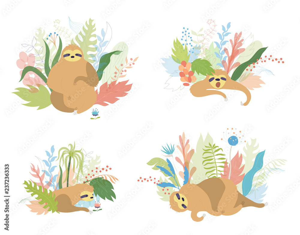 Vector illustration set of cute character sloth
