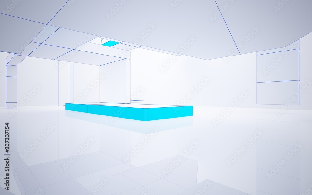 Abstract white interior highlights future. Polygon drawing and blue glossy lines. Architectural background. 3D illustration and rendering Abstract white interior highlights future. Polygon drawing and blue glossy lines. Architectural background. 3D illustration and rendering
