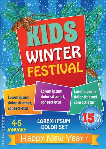 Kid Winter Festival Template with fir branches. Design template of holiday party invitation. Vector background