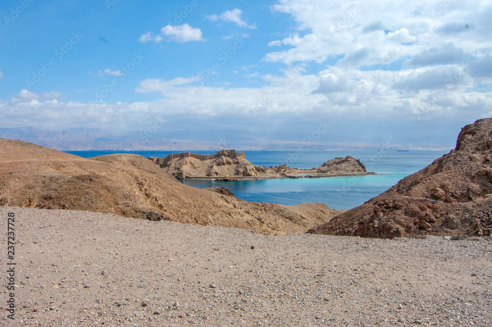 View of Salah El Din Castle on Farun island in the Gulf of Aqaba,Red Sea,Taba,Egypt, sunny