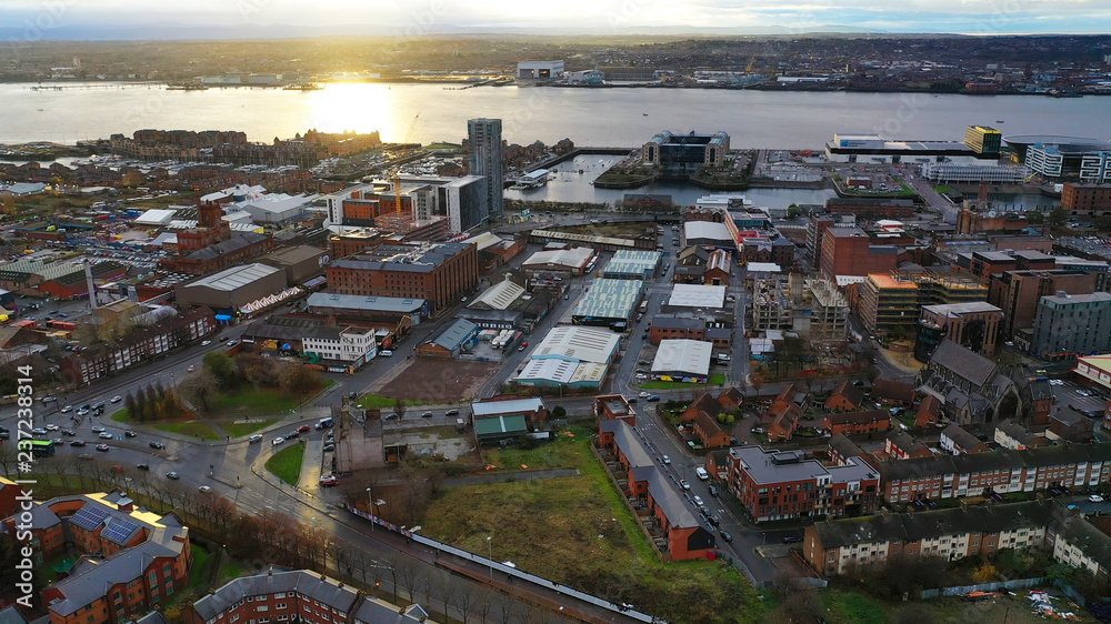 Aerial view of the city of Liverpool in the North Weast of the UK