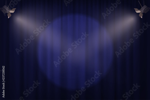 Spotlights on blue curtain background. Vector cinema, theater or circus background.