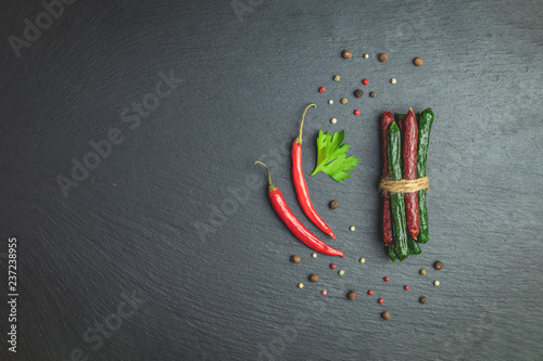 Kabanosy, sausages traditional polish and green with wasabi