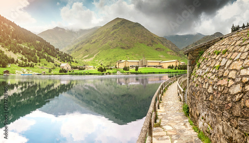 Panoramic view of the Nuria Valley with lake in the Catalan Pyrenees, Spain photo