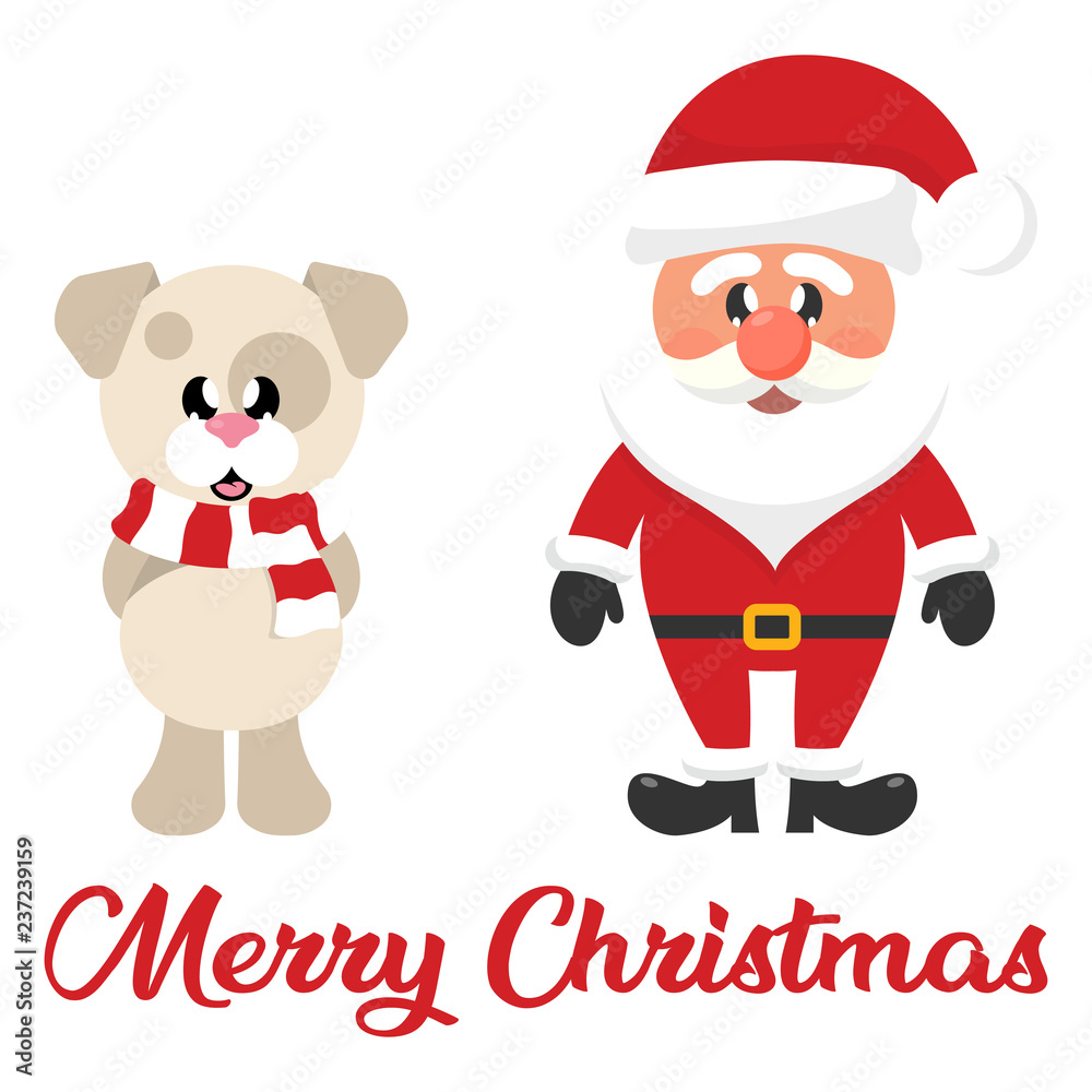 cartoon christmas santa claus and winter christmas dog with scarf and christmas text