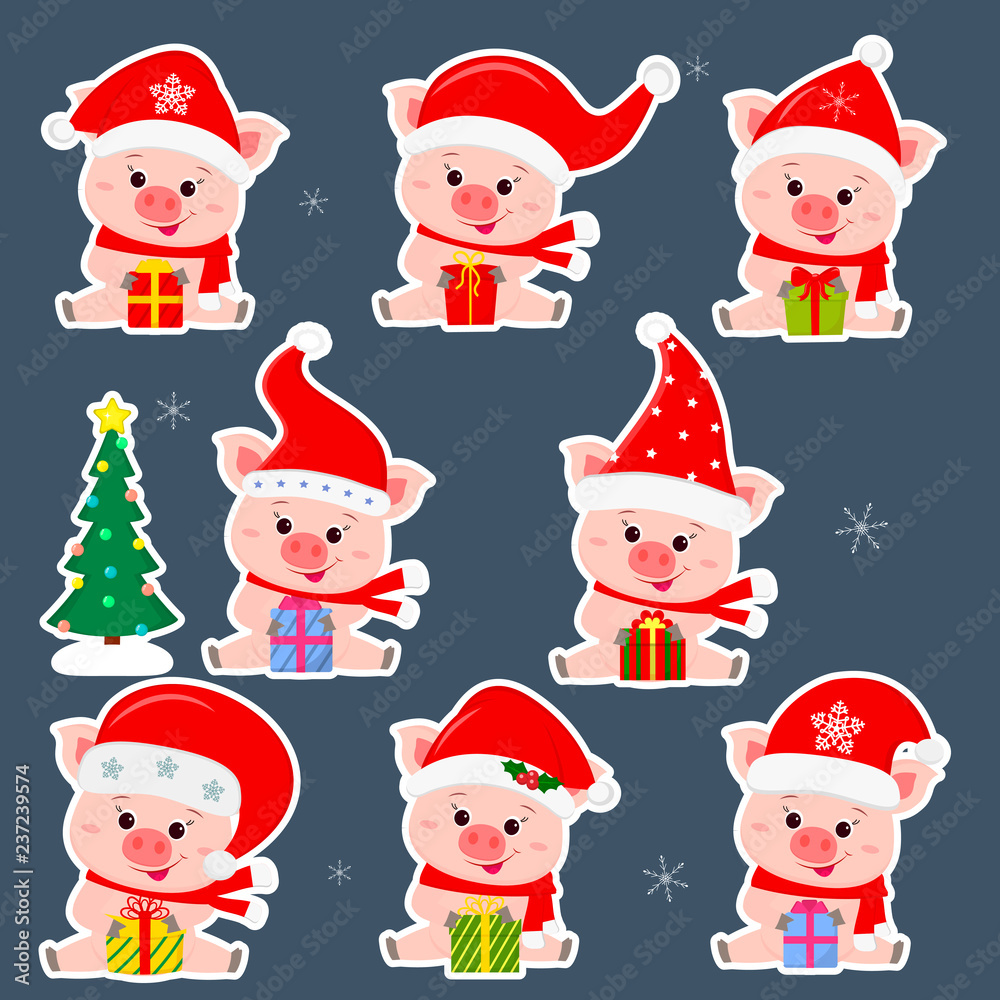 Set of eight stickers of cute pigs in different hats and Santa Claus scarf in white stroke. They sit and hold a box with a gift. Christmas tree. The symbol of the Chinese New Year. Vector