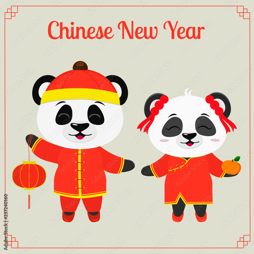 Greeting card with chinese year. Two pandas a boy and a girl in Chinese red suits with a flashlight and tangerine. Symbol of 2019 in the Chinese calendar. Vector