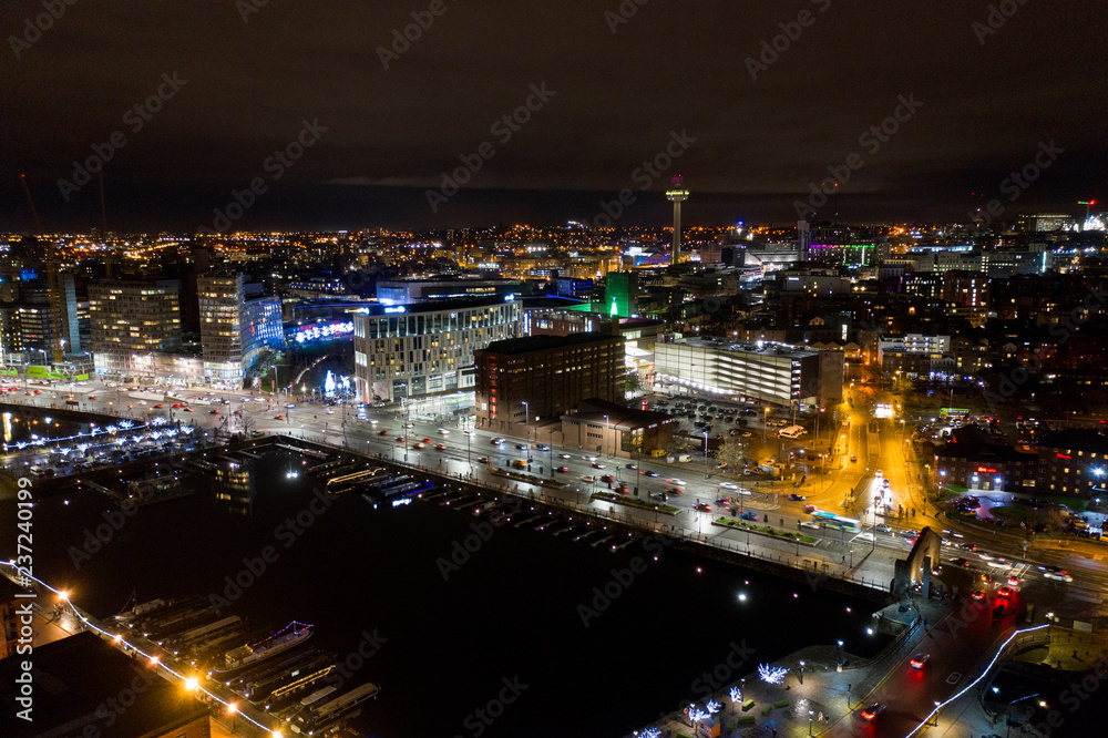 Aerial view of Liverpool city illuminated at night Aerial view of Liverpool city illuminated at night