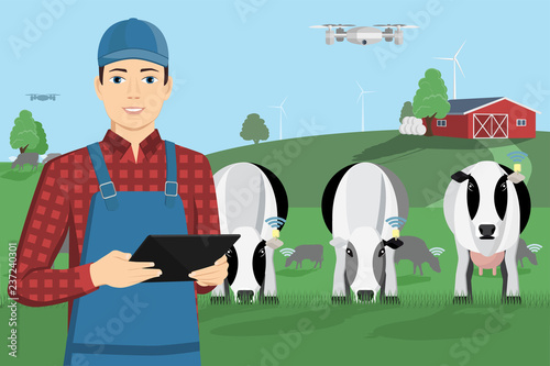Modern farmer with digital tablet on a cattle grazing. Internet of things in cattle breeding. Vector illustration