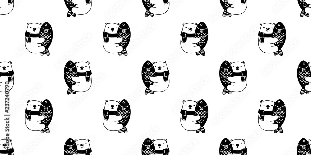 Bear seamless pattern vector polar bear hug fish salmon tuna cartoon illustration repeat wallpaper scarf isolated tile background Bear seamless pattern vector polar bear hug fish salmon tuna cartoon illustration repeat wallpaper scarf isolated tile background