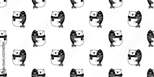 Bear seamless pattern vector polar bear hug fish salmon tuna cartoon illustration repeat wallpaper scarf isolated tile background