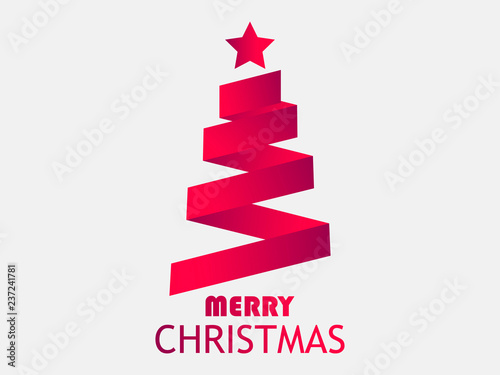 Merry christmas greeting card. Christmas tree from ribbon with star. Gradient color red. Vector illustration