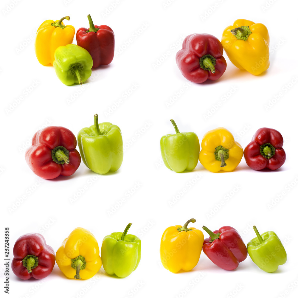 Sweet peppers on a white background. Red and yellow peppers on a white background. The colorful peppers in the composition. Sweet peppers on a white background. Red and yellow peppers on a white background. The colorful peppers in the composition.