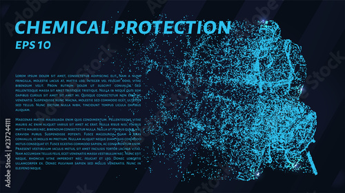 Chemical protection. A grid of blue stars in the night sky. Glowing dots create a human figure in a protective suit. Chemistry, safety, biosecurity, hazard and other concepts illustration.