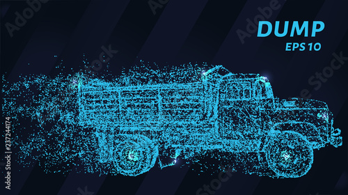 Dump. A grid of blue stars in the night sky. Glowing dots create the shape of a dump truck. Truck, transport, industry and other concepts illustration or background.