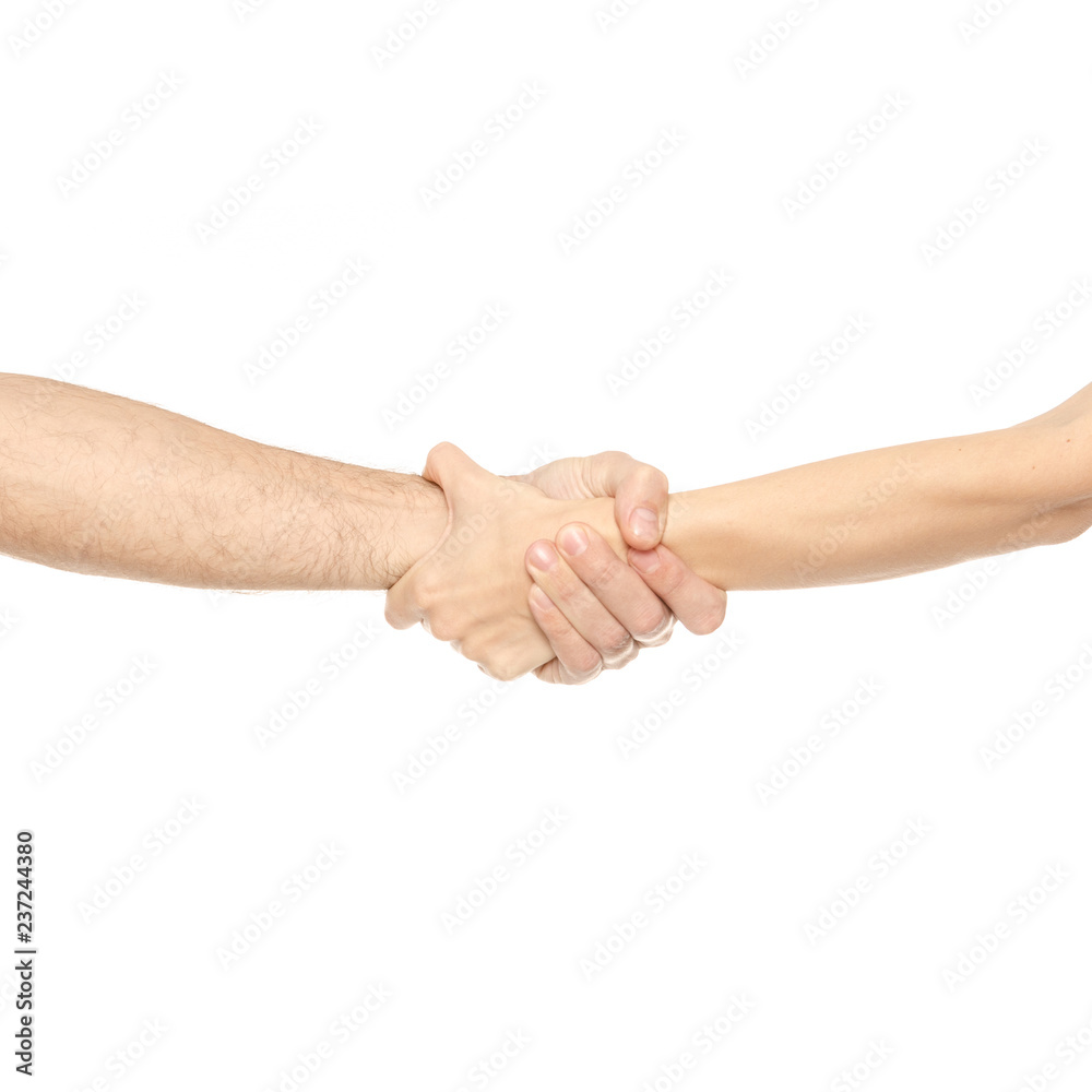 Two hands holding each other strongly on white background isolation Two hands holding each other strongly on white background isolation