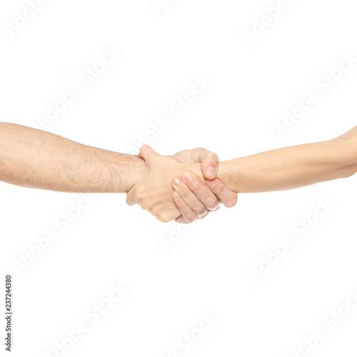 Two hands holding each other strongly on white background isolation