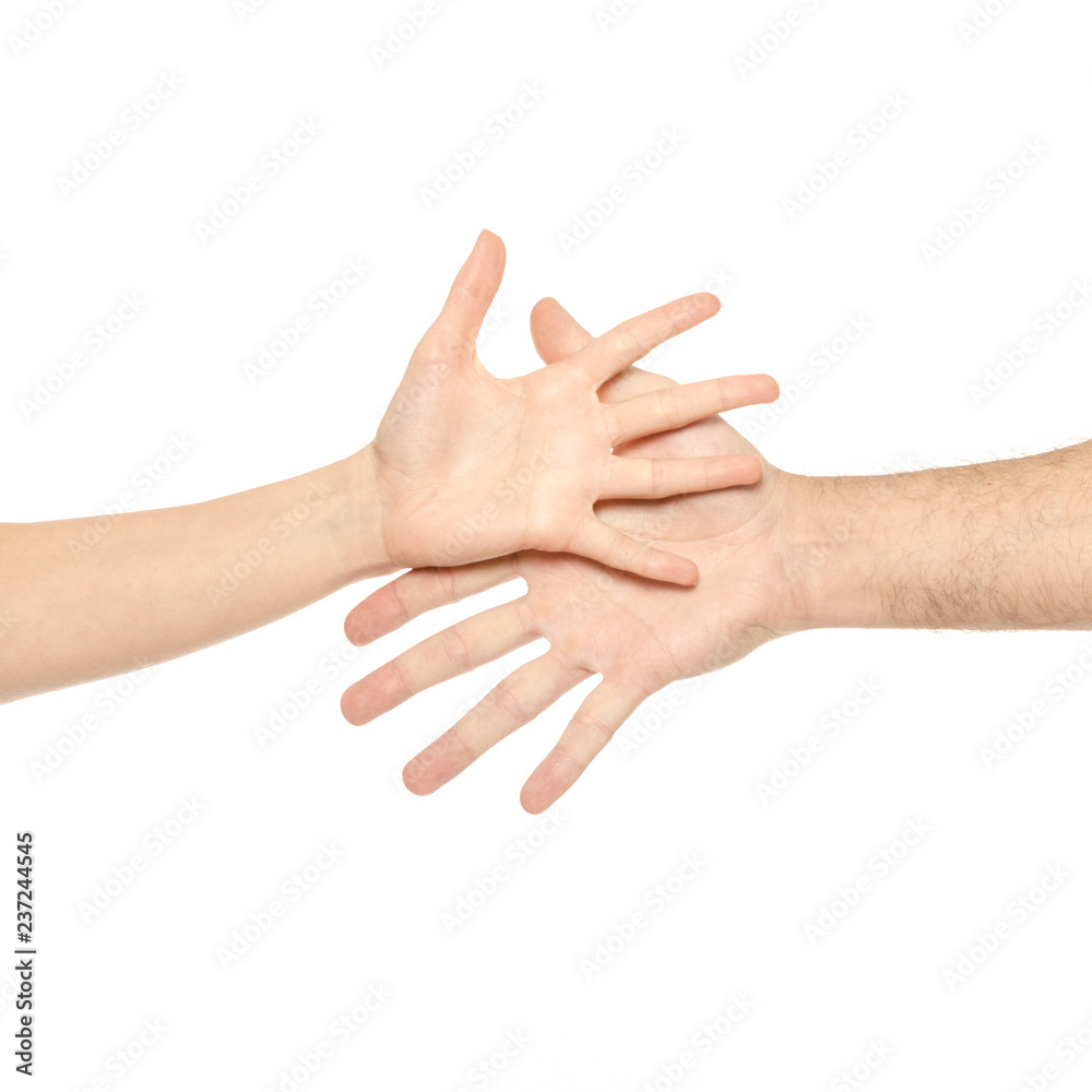 Couple hands held together male female hands on white background isolation
