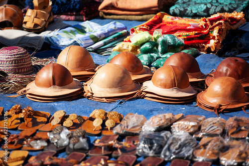 Traditional leather hats from the northeast of Brazil for sale at the farmers market