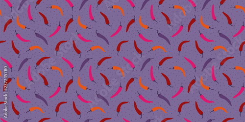 Bright easy going pepperoni peppers pattern, seamless vector repeat on structured purple background. Trendy flat illustration style. Hand drawn design elements.