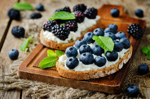 Blueberry and blackberry ricotta rye sandwiches