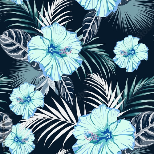 Seamless fashionable abstract graphical hand drawing blue hibiscus flowers and exotic leaves, print on dark background. Tropical summer, spring backdrop.