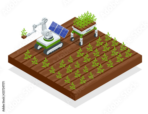 Isometric automation smart farming on the field. Artificial intelligence robots in agricultural. Organic food, agriculture concept.
