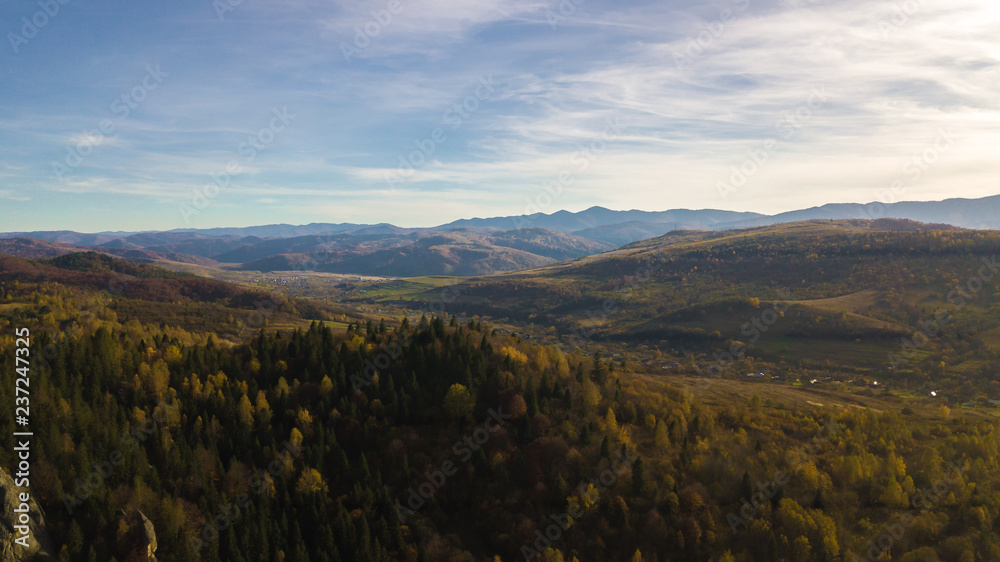 Carpathian Mountines with blue sky panoramic wiew, Ukraine.