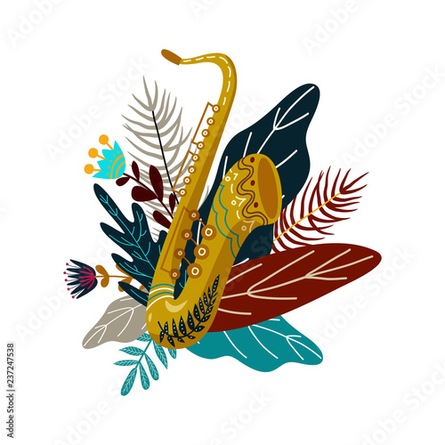 Isolated on white background saxophone and leaves with flowers. Decorative flat doodle element for design, vector illustration
