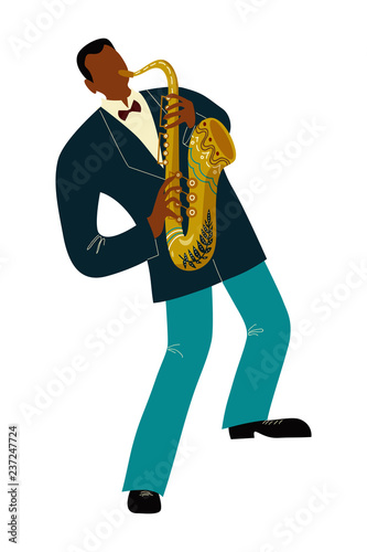 Isolated Black man playing sax cartoon character, flat doodle vector Illustration