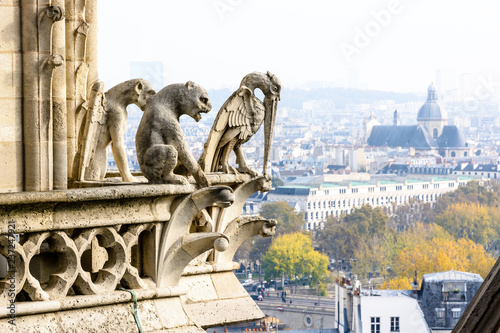 Three stone statues of chimeras on the towers gallery of Notre-Dame de Paris cathedral overlooking the city, with the church of Saint-Paul-Saint-Louis, vanishing in the mist in the distance.