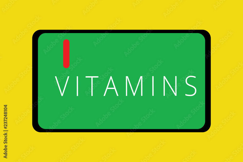Word writing text Vitamins. Business concept for group of organic compounds which are essential for normal growth Tablet Mobile Smartphone Cellular Device Screen with red linear button Word writing text Vitamins. Business concept for group of organic compounds which are essential for normal growth Tablet Mobile Smartphone Cellular Device Screen with red linear button