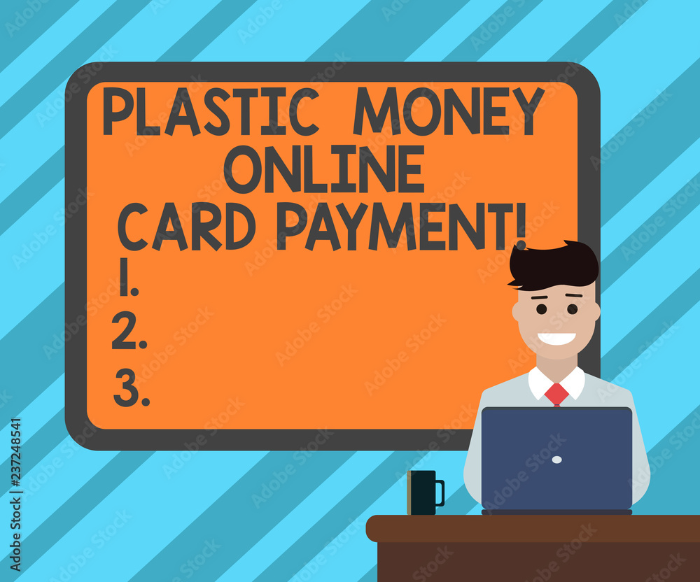 Text sign showing Plastic Money Online Card Payment. Conceptual photo Website multimedia purchasing ecommerce Blank Bordered Board behind Man Sitting Smiling with Laptop Mug on Desk Text sign showing Plastic Money Online Card Payment. Conceptual photo Website multimedia purchasing ecommerce Blank Bordered Board behind Man Sitting Smiling with Laptop Mug on Desk