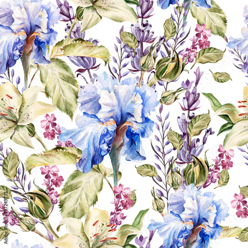 Watercolor pattern with flowers iris, lavender, roses, buds and petals.