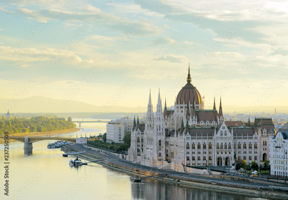Hungarian parliament in Budapest and Danube river. Morning view